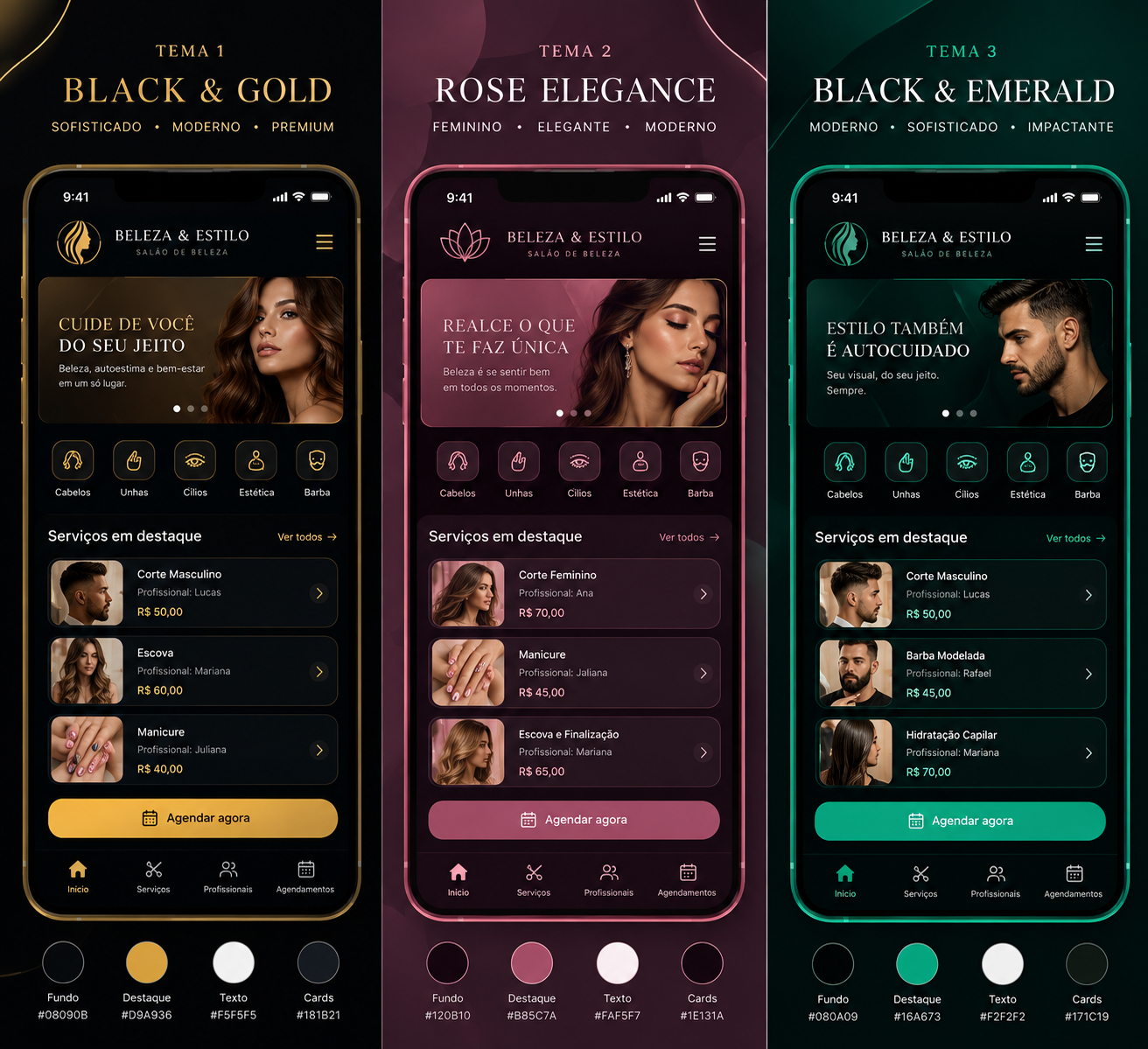 Demonstração dos três temas visuais disponíveis: Black & Gold, Rose Elegance e Black & Emerald