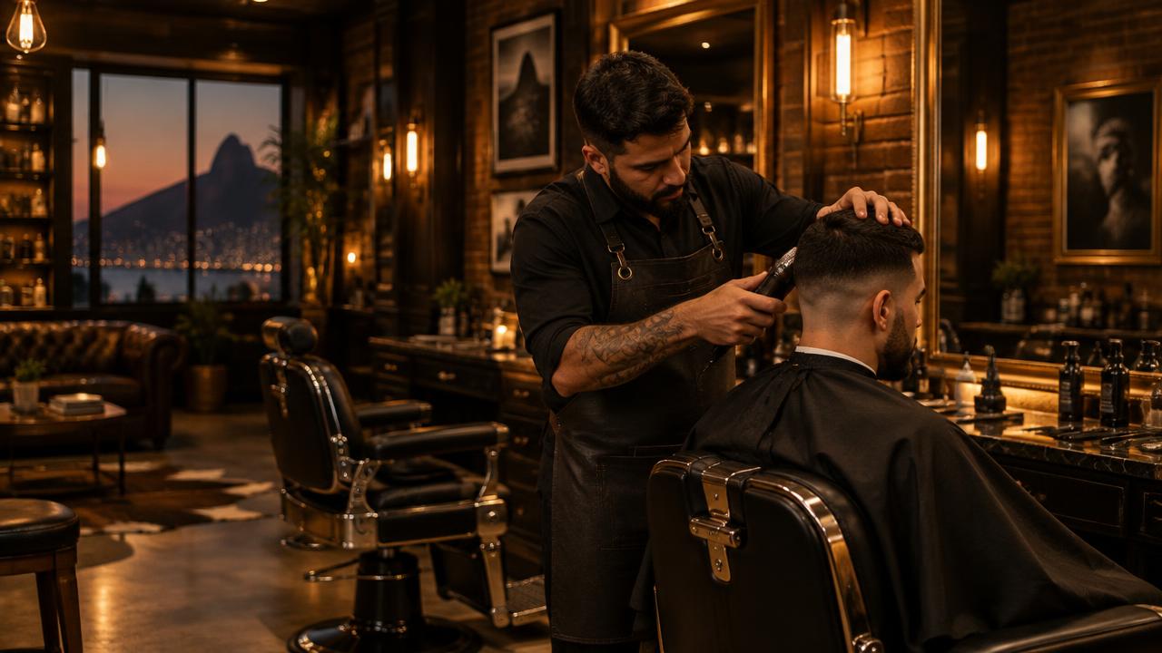 Barbeiro finalizando um corte em uma barbearia elegante com iluminação âmbar