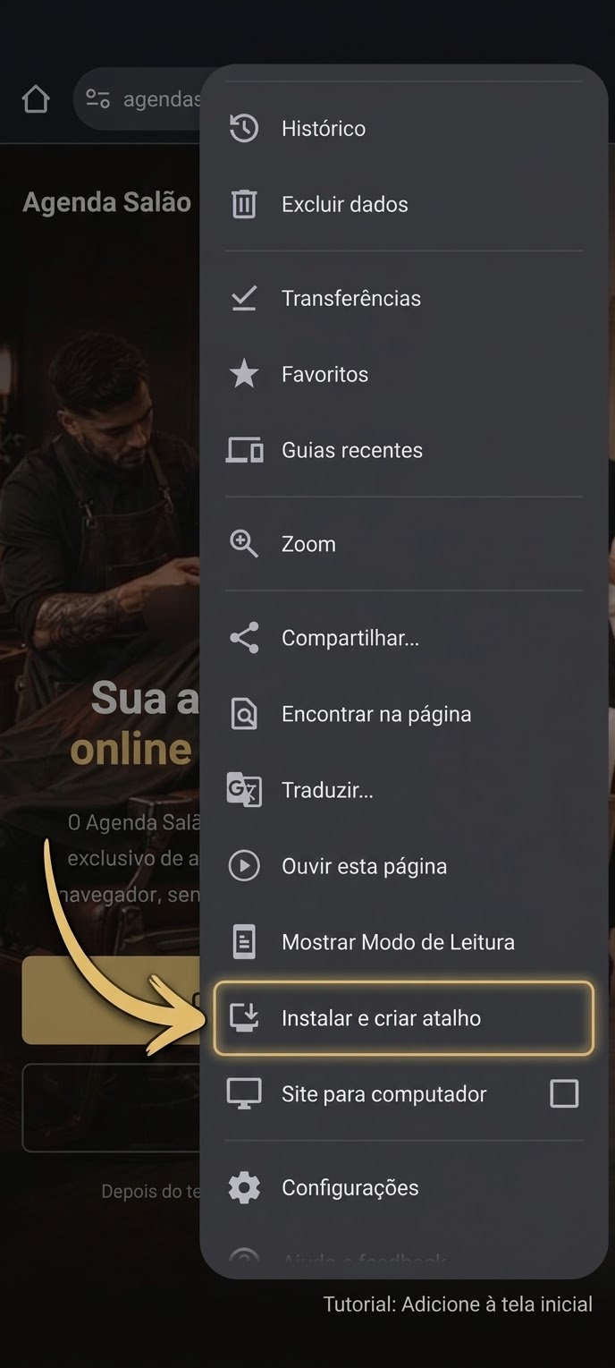 Tutorial: Adicione à tela inicial pelo menu do navegador